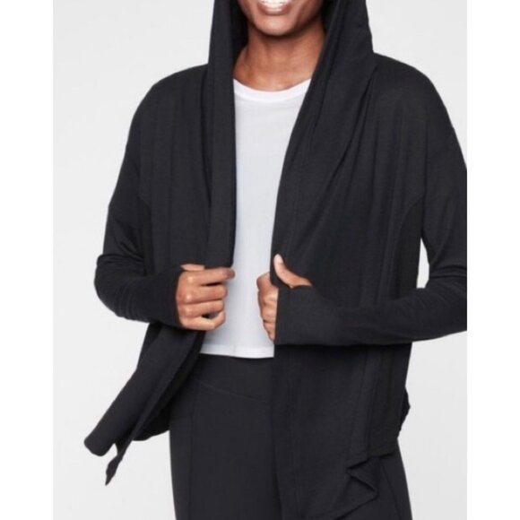 ATHLETA Black Nirvana Long Ribbed Sleeve Open-Front Knit Hoodie Cardigan Small - Picture 2 of 10